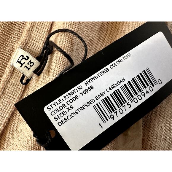 R13 Distressed Baby Cropped 100% Merino Wool Cardigan In Tan New Size XS - Picture 5 of 9